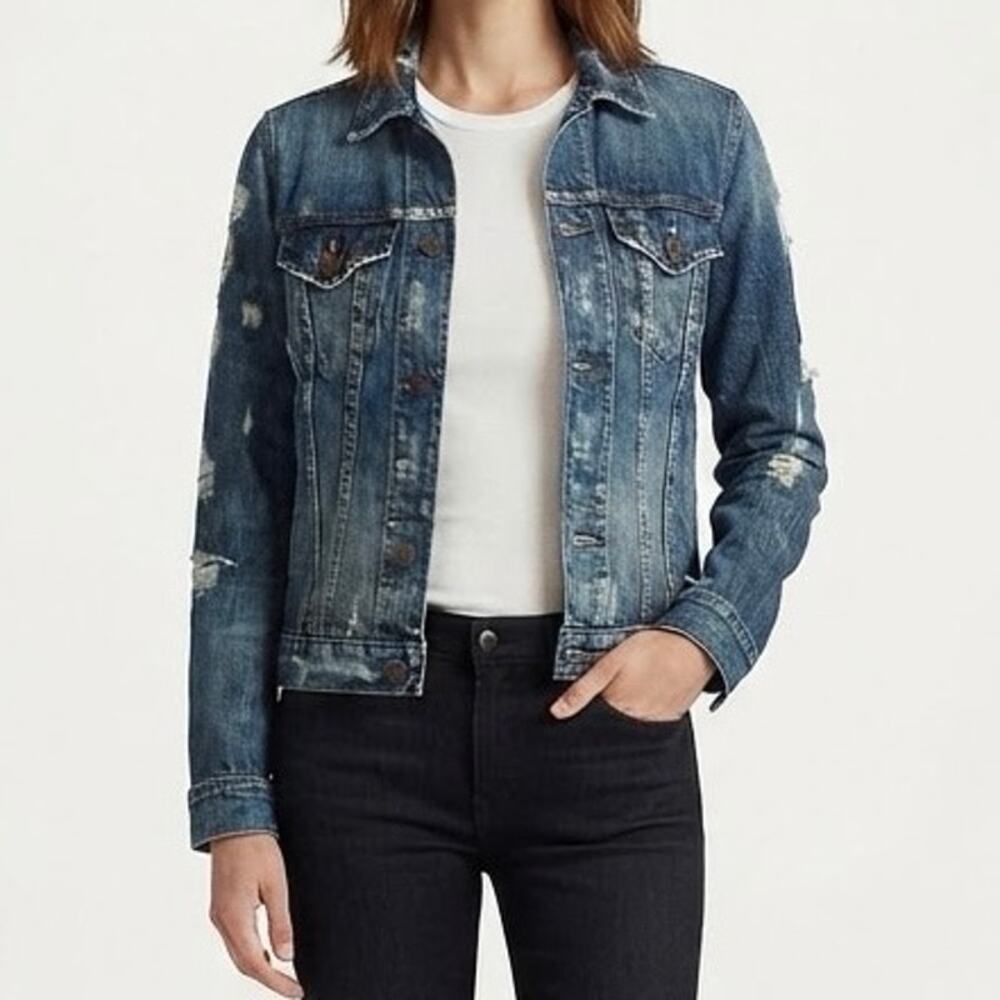 Denim & Supply Ralph Lauren Distressed Blue Denim Trucker Jacket Size Medium M